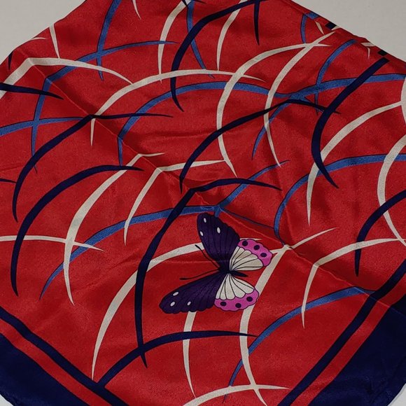 Hanae Mori Vintage Silk Butterfly Print Scarf Red Pink Blue - Picture 7 of 7